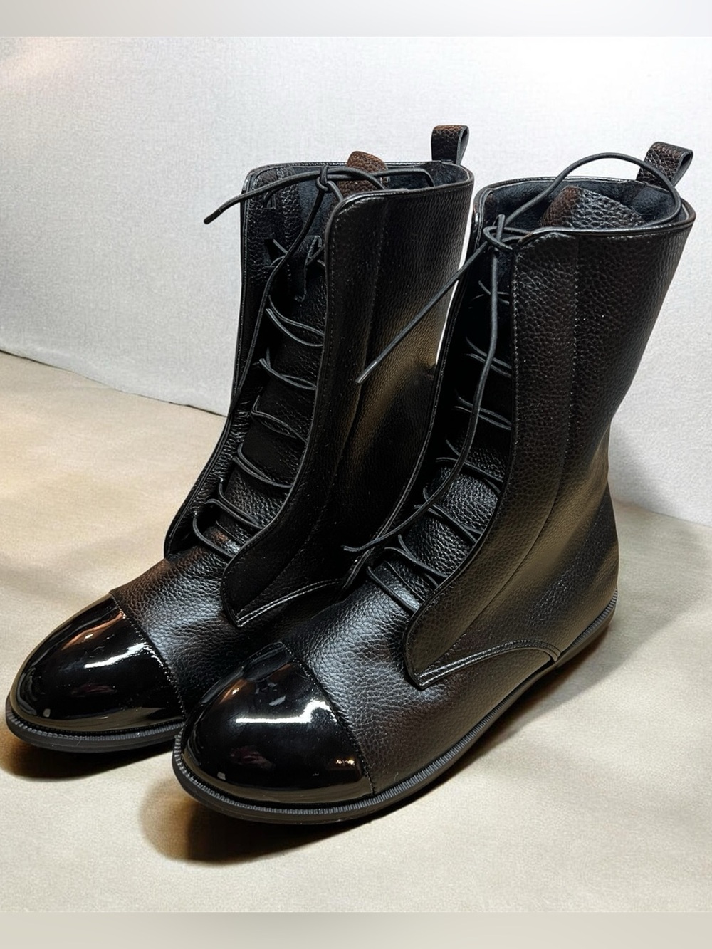 Black Faux Leather Lace-Up Cap Toe Moto Boots
